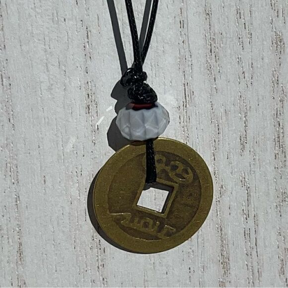 HANDMADE CASH COIN AND WHITE BEAD BLACK CORD NECKLACE - Picture 5 of 7